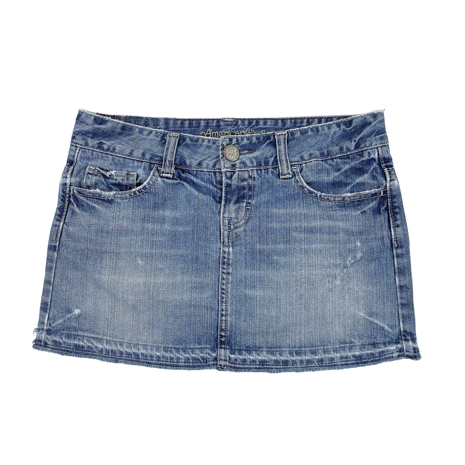 Y2K American Eagle Micro Mini Denim Skirt Size 4 Low Rise Distressed Raw Hem