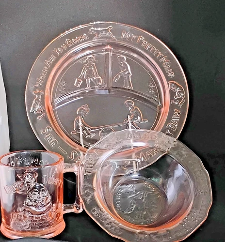 Tiara Pink Nursery Rhyme Child Depression Glass Vintage Set Mug Bowl Plate #67