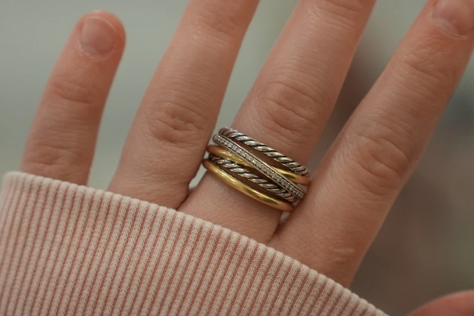 David Yurman Crossover Five Row Ring Sterling Silver w/ 18K lab created Diamonds - Image 4 of 4