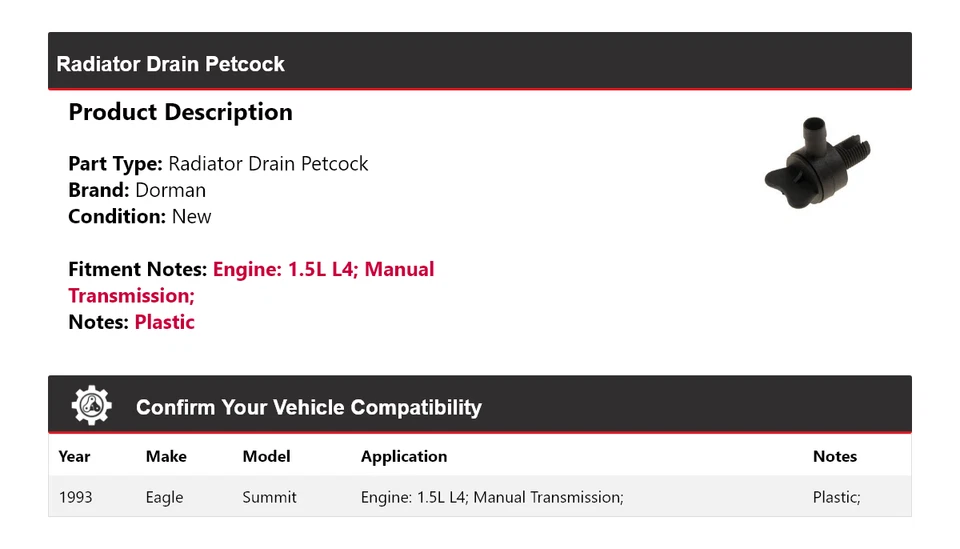 Para Eagle Summit 1993 1,5 L L4 Dorman radiador drenaje Petcock Foto 2 de 4