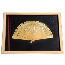 Antique 1913, Celluloid Bride Hand Fan, Pierced, Hand Painted, Encased In Frame