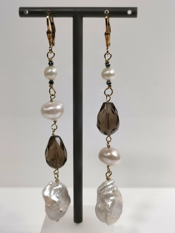 Orecchini Pendenti donna Argento 925 pietre naturali quarzo fumé perle coltiva - Immagine 2 di 3