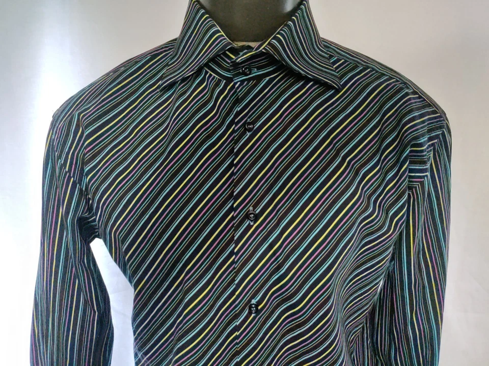 Camisa de Vestir Brandolini Negra Multicolor Rayas Algodón Puño Francés 44 17.5 Nueva Sin Etiquetas Foto 4 de 4