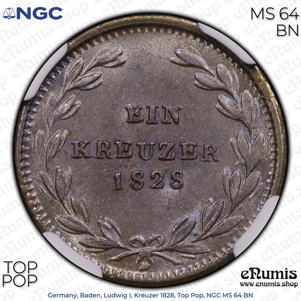 Germany, Baden, Ludwig I, Kreuzer 1828, Top Pop, NGC MS 64 BN - Image 4 of 4