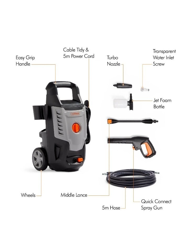 VonHaus Pressure Washer 1600W Portable Power Jet Wash for Car Patio