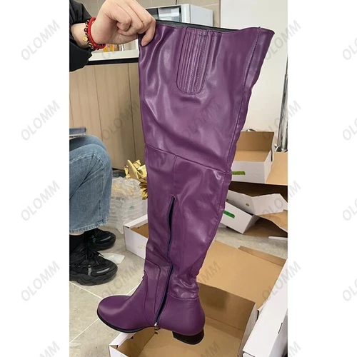 Women Party Over The Knee Boots Faux Leather Chunky Heels Round Toe Wine Red - Picture 14 of 15