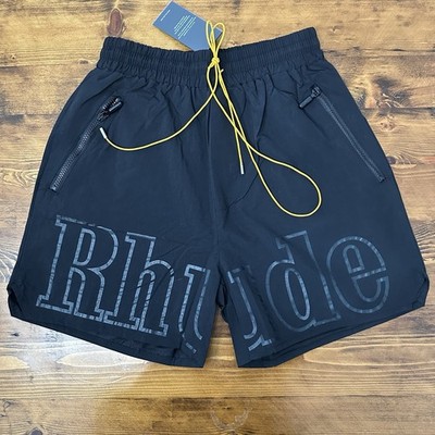 RHUDE Black Mesh Sweat Shorts Logo Yellow Drawstring Zipper Patch Pockets Lined