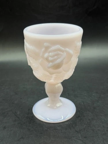 VTG RARE Madonna Inn Goblet Rose Pattern Pale Pink Embossed Opaque 5” GLOWS!