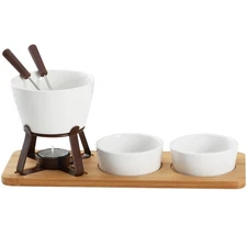 Porcelain Chocolate Fondue Set Wood Tray Fruit Forks Bowls White 10 Oz