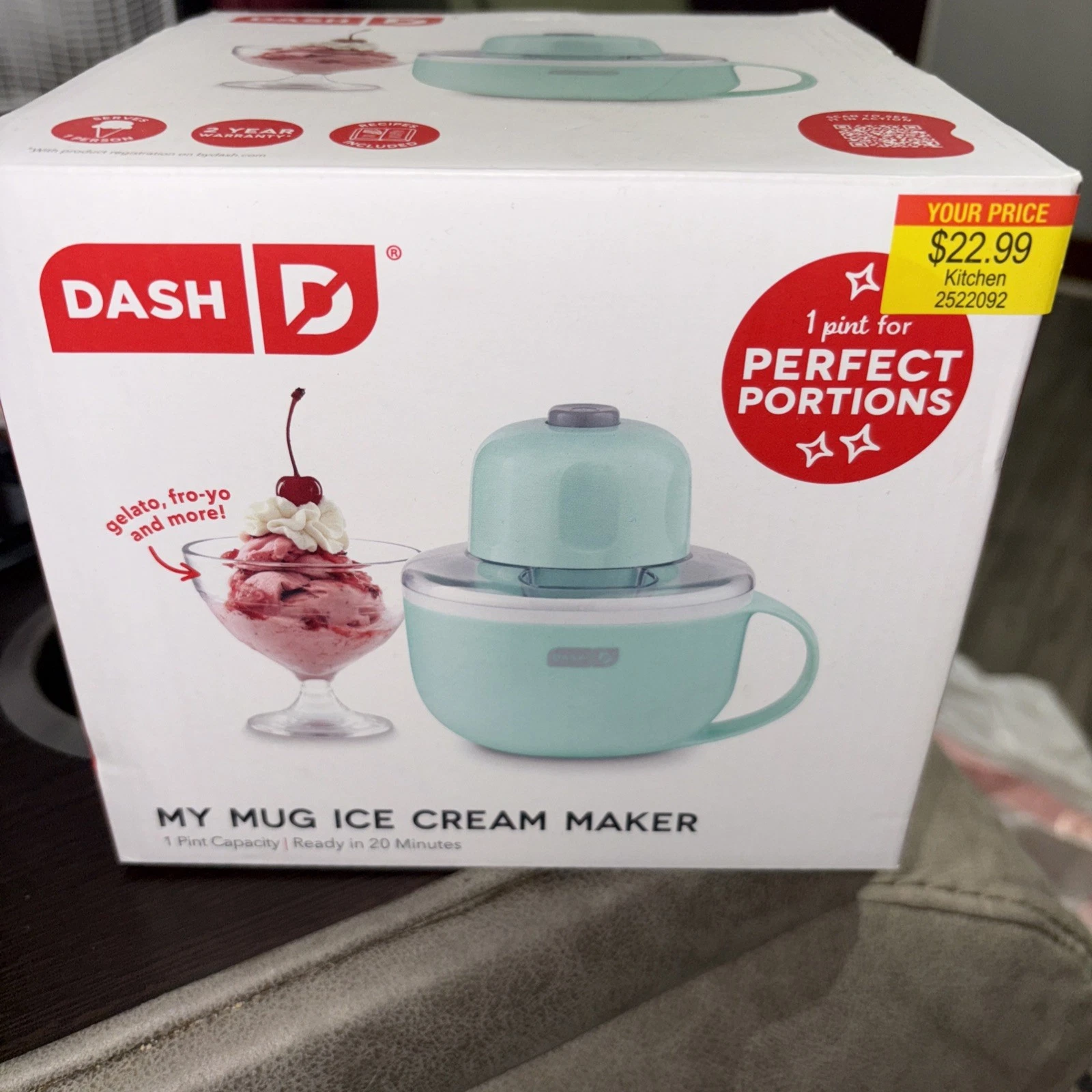 DASH My Mug Ice Cream Maker in Teal Used Once Ice & Easy Perfect Portions 1 Pint