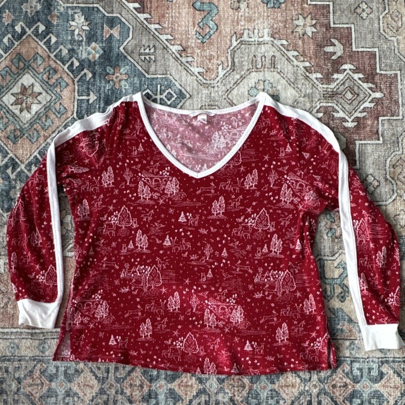 Victoria's Secret Knit Red White Holiday Pajama Top V-Neck Graphic Print L