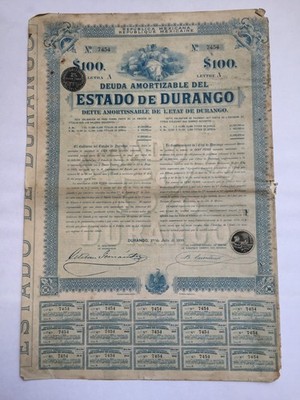 1910 Republica Mexicana 5% Estado de Durango - 100 Pesos mit Coupons - Anleihen