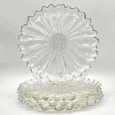 Vintage Sunflower Heavy Clear Pressed Glass Snack Plates ~ Set of 4