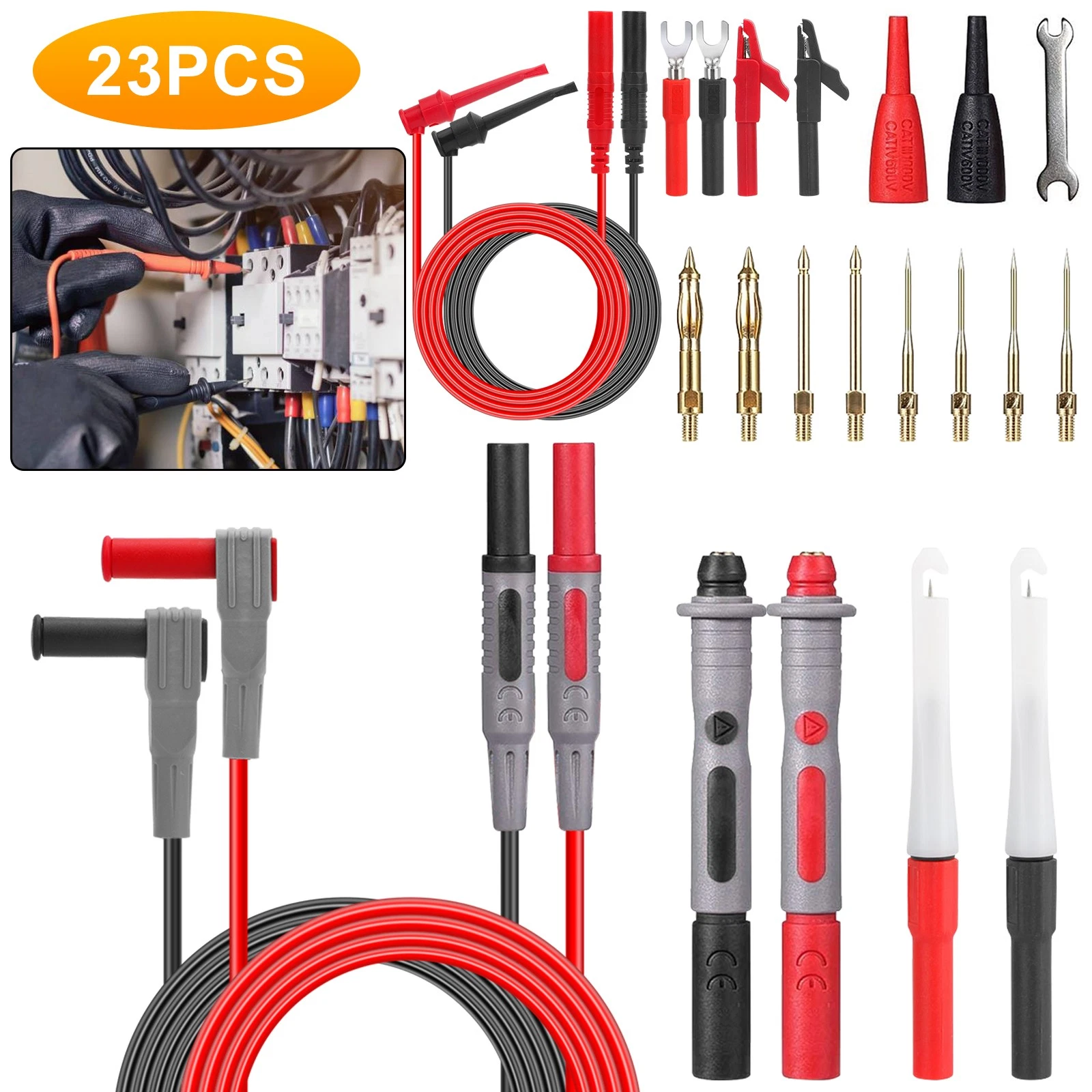 23pcs Multimeter Test Lead Kit Alligator Clip Back Prob Wire Tool for Automotive