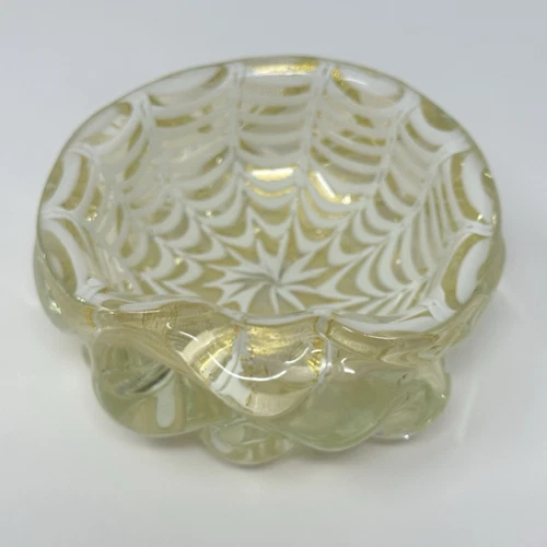 Vintage Murano Art Glass Bowl Gold Flecks White Web Pattern Hand Blown MCM