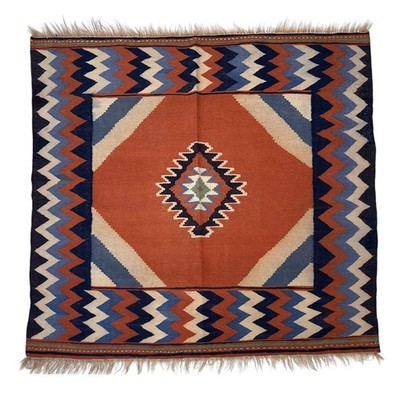 Handwoven Afghan vintage Tribal Flatweave kilim rug - 5x5 Square Boho Carpet
