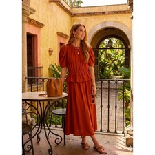 Ulla Johnson Rust Terracotta Puff Sleeve Peplum Midi Dress Boho Terracotta