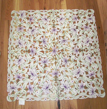 Square Tablecloth White Violet Floral Embroidery Cut Work 32"x32"