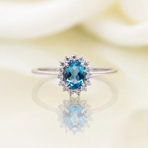 Natural London Blue Topaz & CZ Flower Wedding Ring, 925 Silver Cluster Band Ring