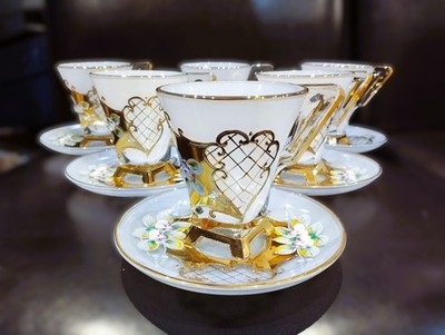 Bohemia glass white tea, coffee cups decorated gold and enamel, 6+6 pcs II.