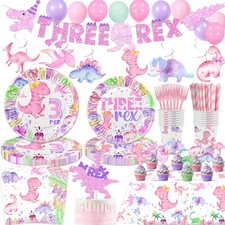 212 Pcs Dinosaur 3Rd Birthday Party Supplies, Girl Dino Three Rex Birthday Decor