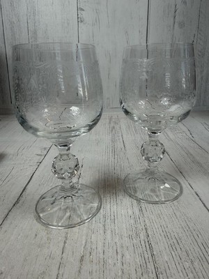 VTG Bohemia Crystal Cascade Goblets Wine Glasses Etched Czech Set of 2 Mint Cond