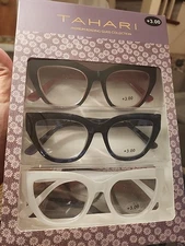 TAHARI 3 PAIR READING GLASSES CAT'S EYE THICK FRAMES Readers BLACK,BLUE,WHITE