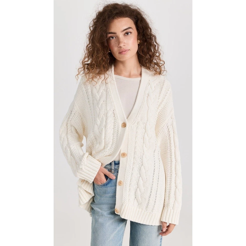 Jenni Kayne Cable Cardigan Chunky Knit Women's XS Ivory Oversized Button Front - Image 2 of 4