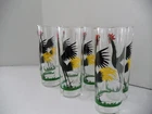 VINTAGE MCM FEDERAL GLASS BLACK ROOSTER CROWING HIGHBALL SET OF 7