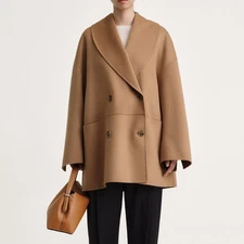 Toteme Womens Woolen Loose Double-breasted Wool Short Coat Winter New Jacket