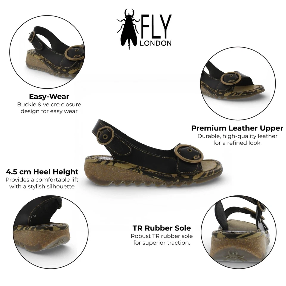 Fly London Femmes TRAM723FLY Sandales À Talons Wedge Casual Noires En Cuir - Photo 2/4