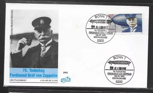 GERMANY FERDINAND GRAF VON ZEPPELIN 1992 COLOR DE LUXE CACHET FDC AVIATION UNADD