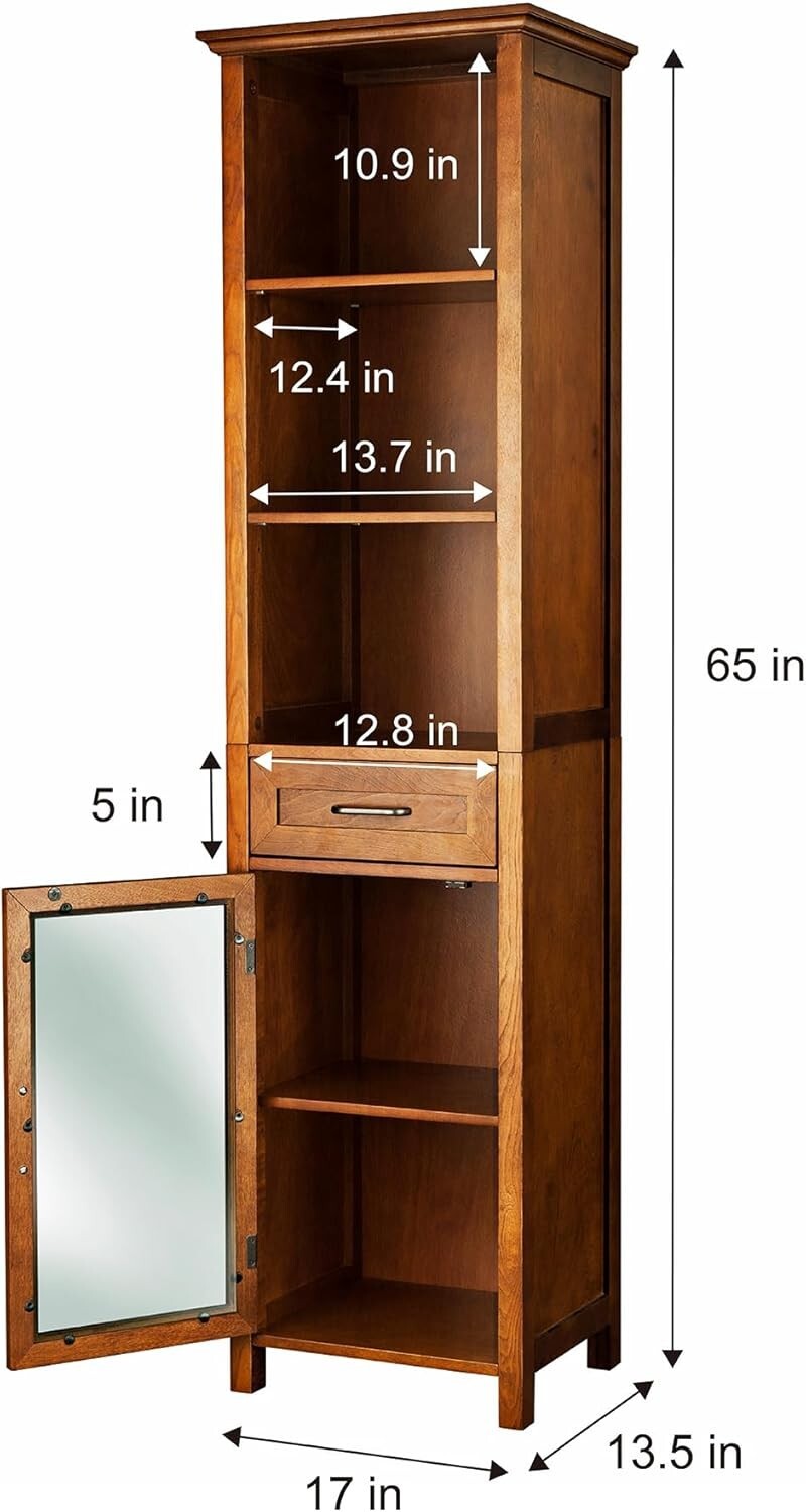 Oak Finish Wooden Linen Tower Storage Cabinet Tall Organizer Bathroom Towel Door