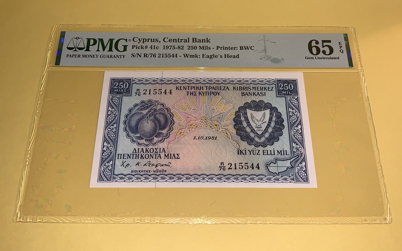 PMG Cyprus, Central Bank 250 Mils 1975-82 Gem Unc 65 EPQ p41c