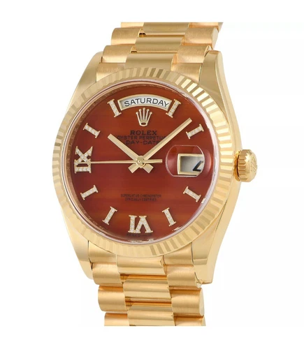 Rolex DayDate 36mm Yellow Gold Carnelian Roman Diamond Dial & Fluted 128238-0088