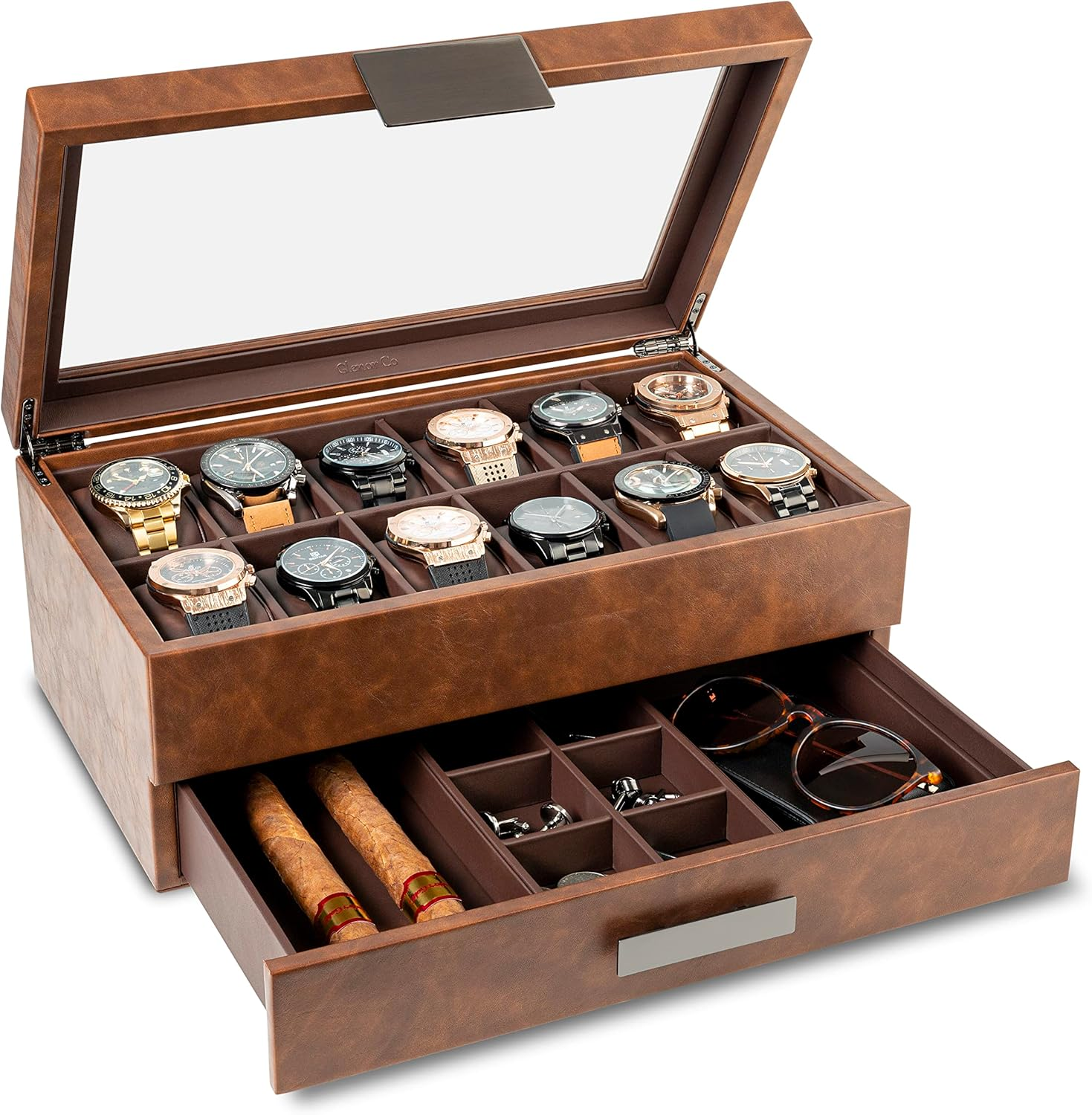 Luxury 12-Slot Watch Box with Valet Drawer for Men - Organize & Display Timepieces