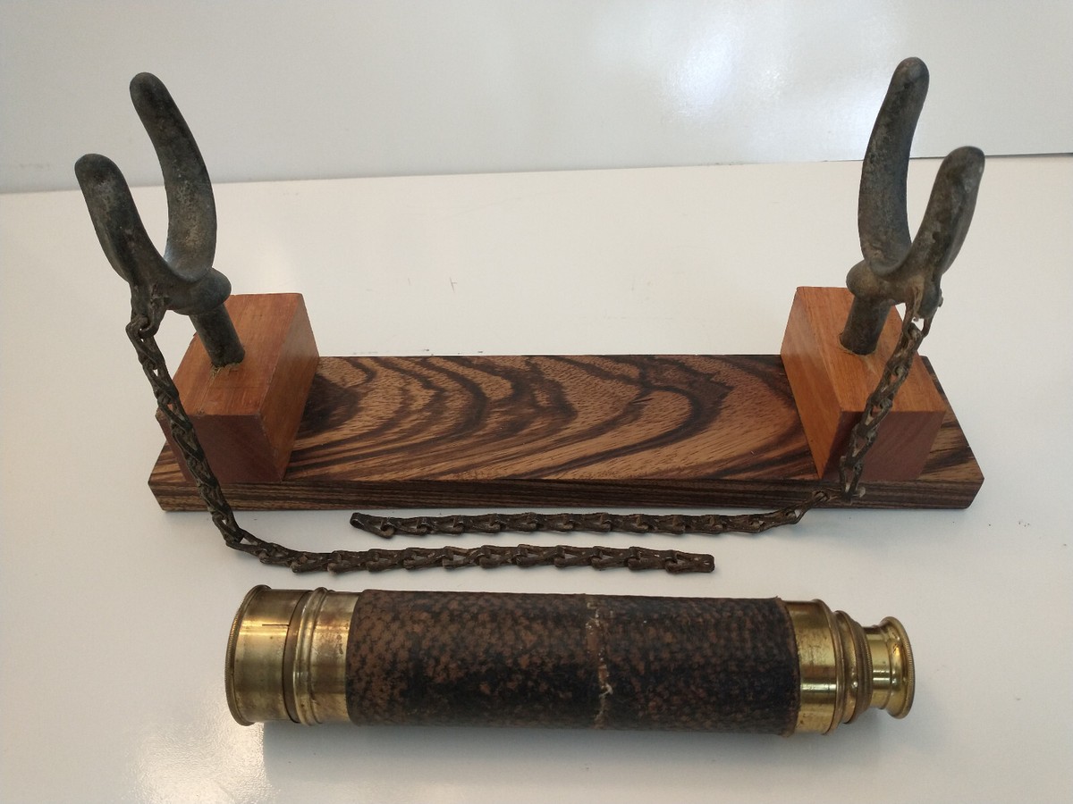 Telescope Vintage Brass & Leather w/ Wood Display Stand w/ Oar
