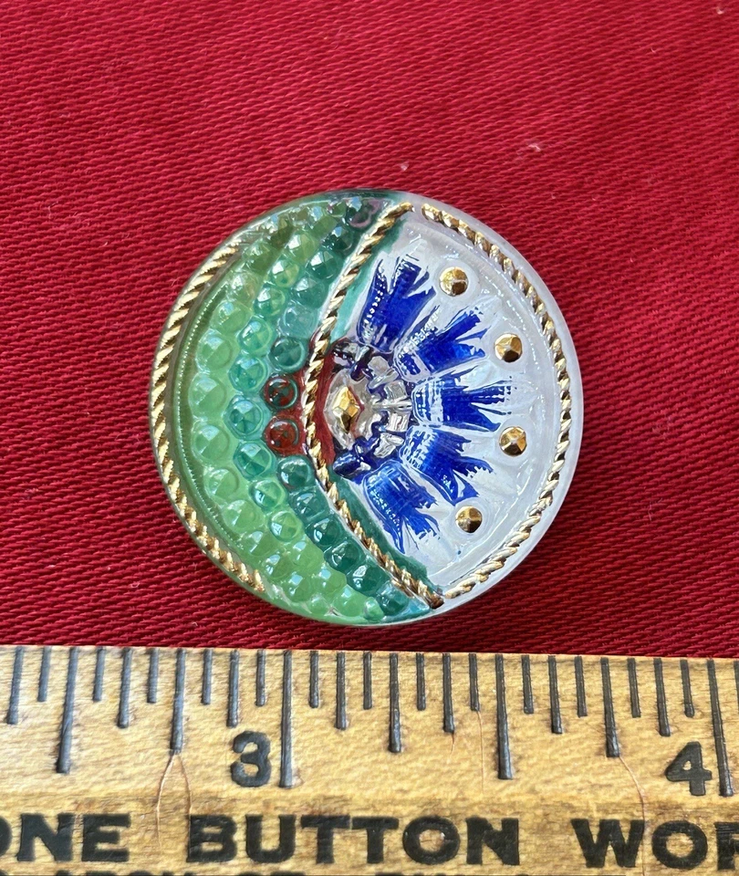 Painted Back Czech Glass Button. Gold Luster on Surface. Brightly Colored Design - Image 3 of 4