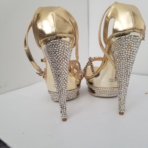 Celeste Brand Gold & Rhinestone SANDAL Platform Stilettoes Sz 8.5, 6" Heel - Picture 11 of 13