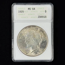 1925 $1 MS64 Toned Peace Silver Dollar - ANACS Soapbox - Lovely Patina