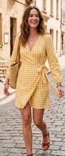 Old Navy Wrap Dress Womens Lrg Yellow White Gingham Plaid Knee Length