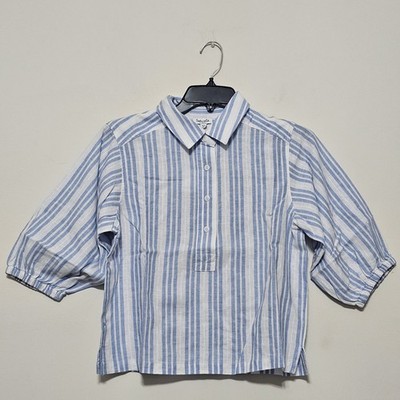 Splendid Women's Top X-Small White Blue Striped 3/4 Sleeves Collar New With Tag 