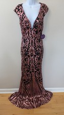 Windsor Sequin Mermaid Formal Prom Dress S Glam Plunge Open Back Black Pink NWT