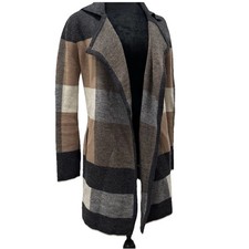 Pendleton 100 Merino Wool Plaid Open Front Coat Jacket Neutral Brown Gray M