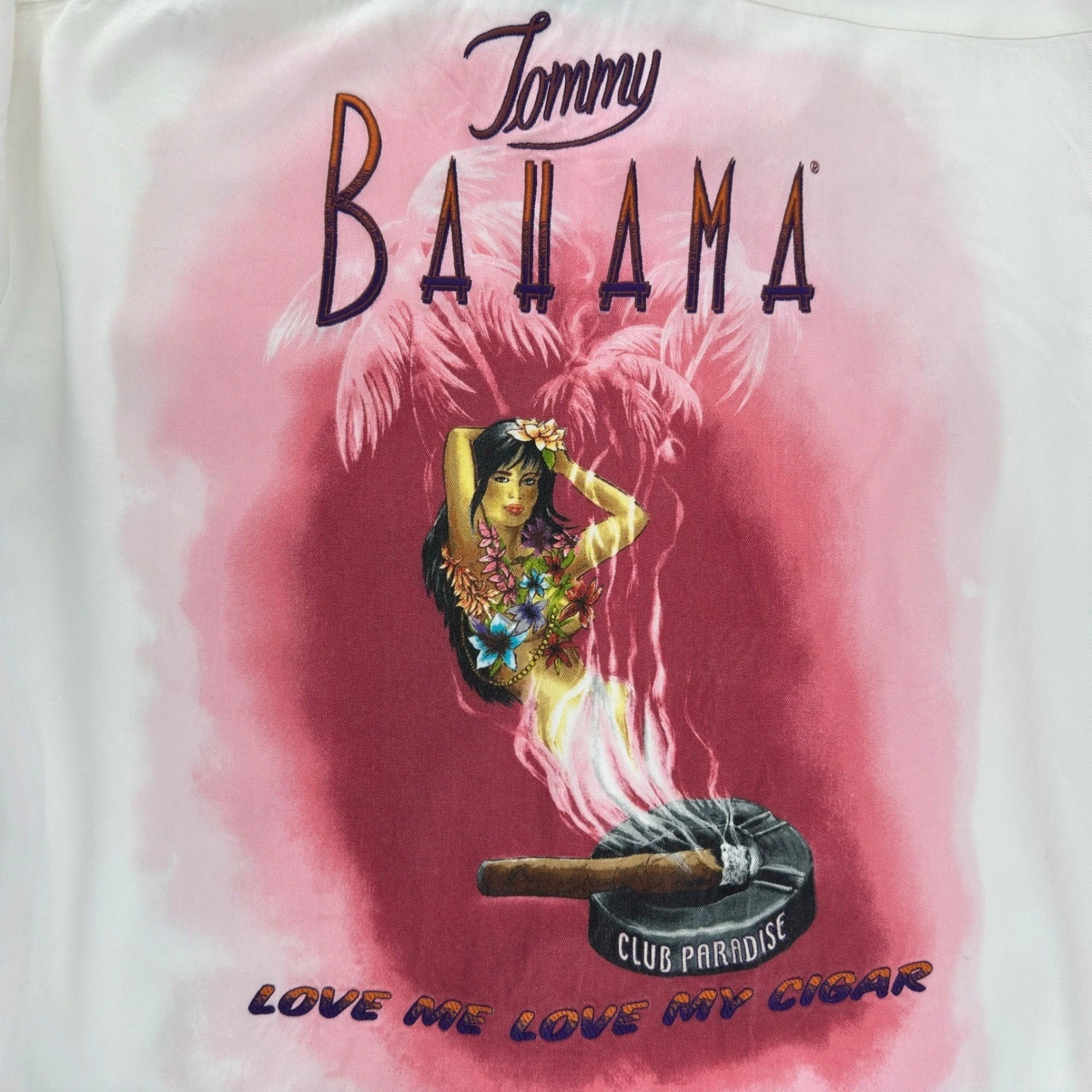 Tommy Bahama Men Ivory Pink Hawaiian Shirt Club Paradise Cigar Embroidered Small