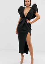 ASOS DESIGN Black V-Neck Maxi Dress L Puff Sleeves Backless High Split