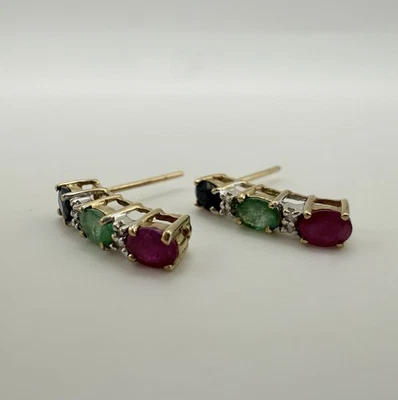Vintage 375 Gold Sapphire Diamond Ruby And Emerald Earring No Backs - Image 1 of 4