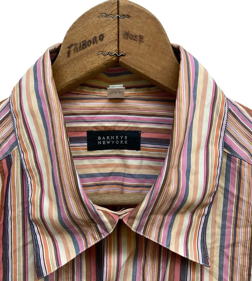 Camisa Barneys New York Para Hombre XL Melocotón Rayas Abotonada Manga Larga Italia Foto 2 de 3
