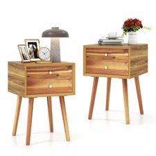 Costway 2PCS Wooden Nightstand Mid-Century End Side Table W/2 Drawers Natural
