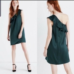 green silk one shoulder dress